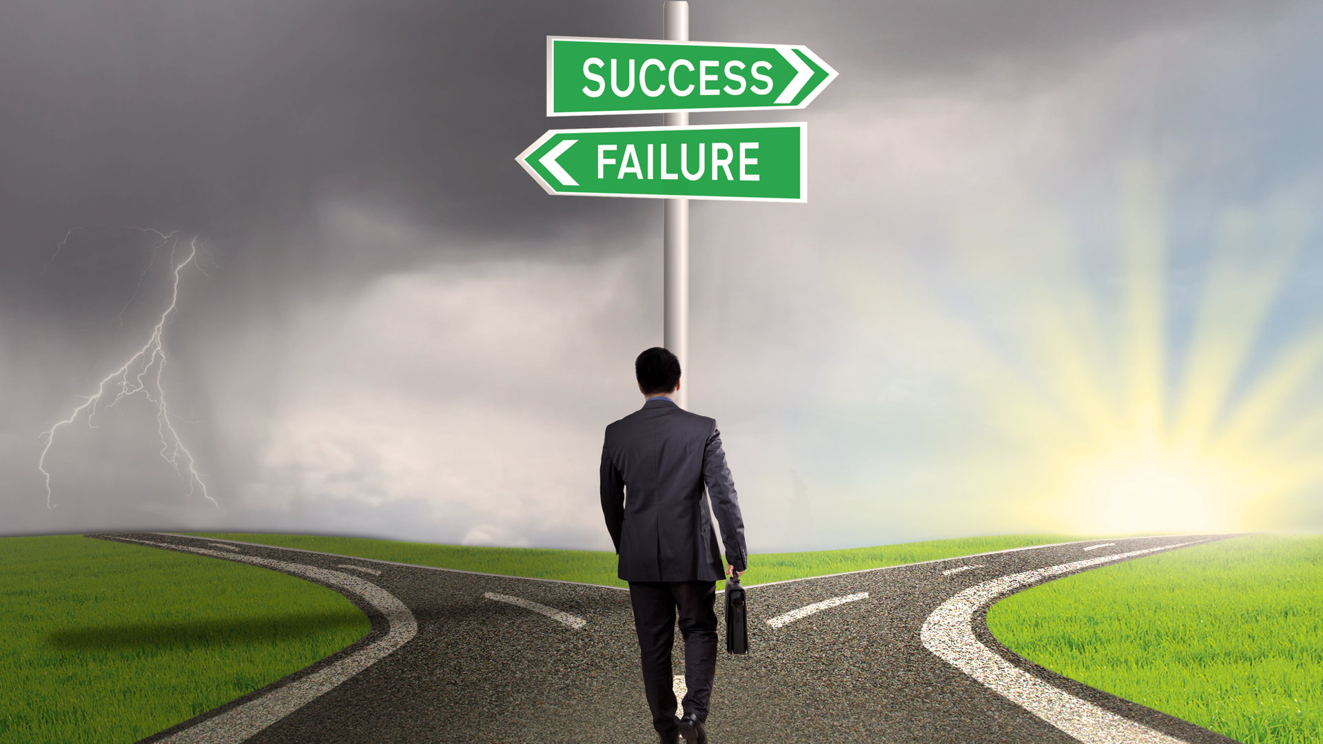 Male worker walking on the road and find two signpost with two choices to success or failure